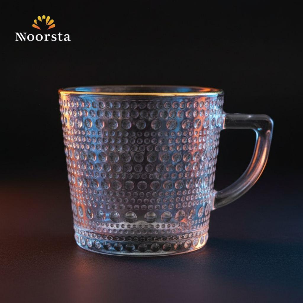 مج زجاج شفاف بنقشة بارزة وحرف دهبي لركن القهوة - Elegant Clear Glass Hobnail Mug with Gold Rim - Noorsta
