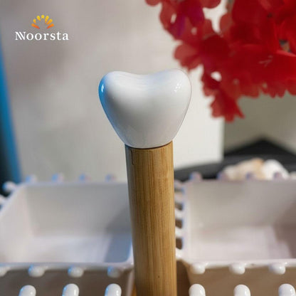 طقم تسالي بورسلين شيك لتقديم المكسرات - Elegant 5-Piece Porcelain Snack Set with Wooden Tray - Noorsta
