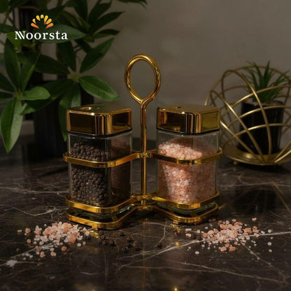 Royal Gold & Glass Twin Spice Shaker Set with Carrier Stand