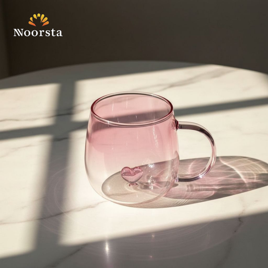 مج بيركس حراري ترندي بقلب كريستال داخلي - Chic Pink Gradient Pyrex Glass Mug with 3D Inner Heart - Noorsta