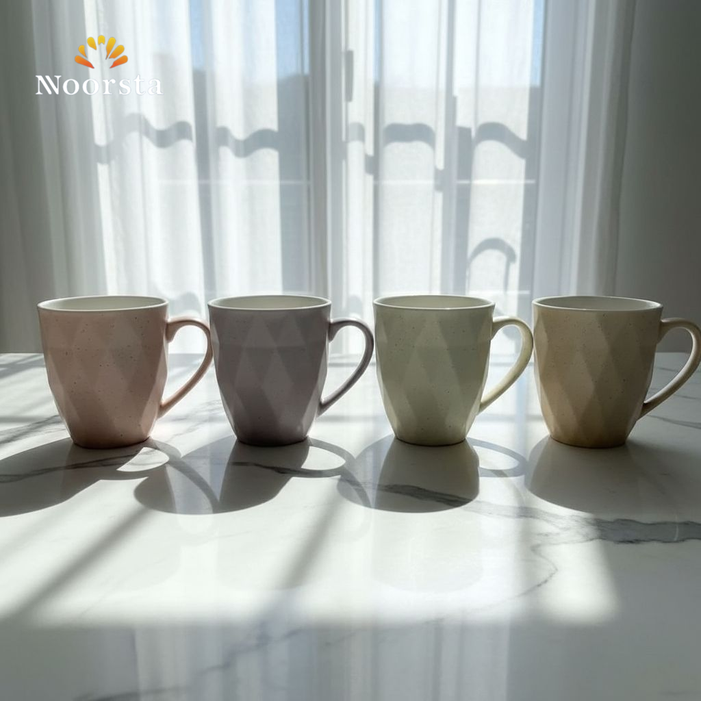 طقم مجات بورسلين 4 قطع بالوان باستيل شيك - Modern Geometric Porcelain Mug Set - Noorsta