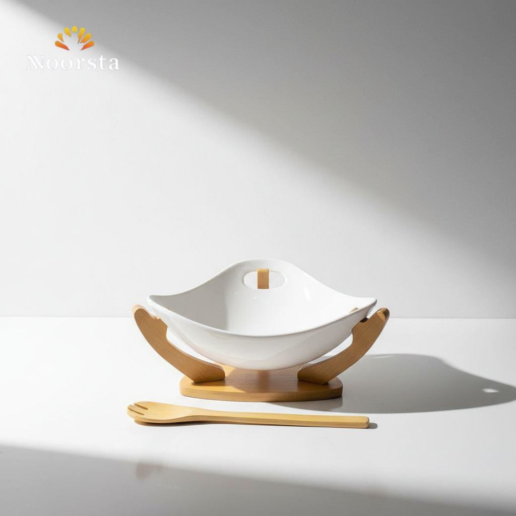 بولة سلطة بورسلين شيك جدا بحامل خشب - Elegant Porcelain Salad Bowl with Wooden Stand - Noorsta