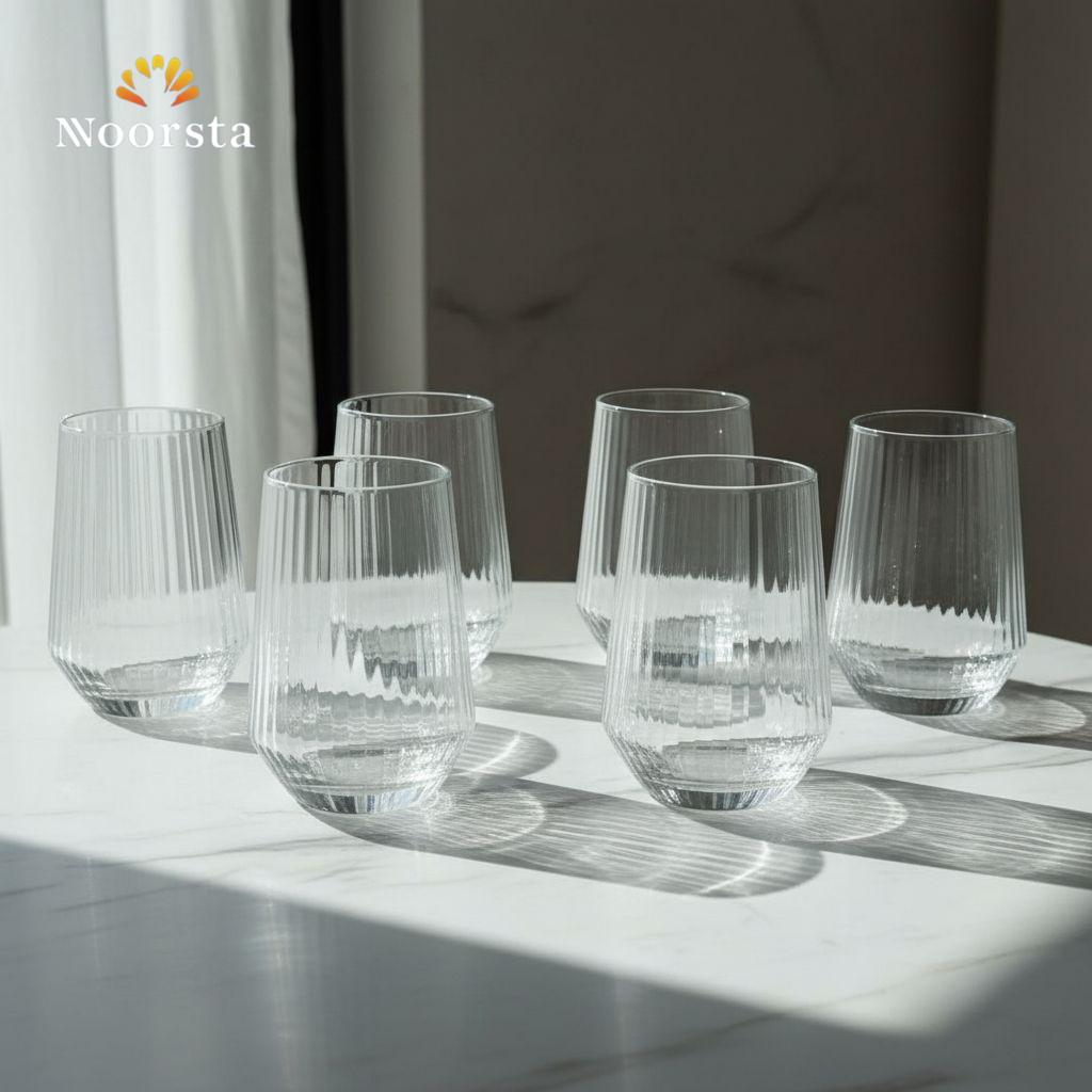 طقم شوب زجاج مضلع للعصاير - Elegant Ribbed Glass Tumbler Set 6 Pieces - Noorsta