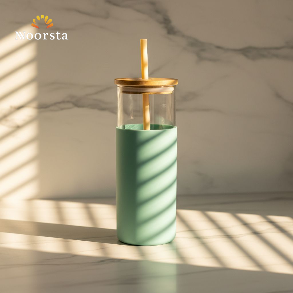 كوباية ايس كوفي بيركس بشاليموه وكفر سيليكون - Premium Pyrex Iced Coffee Tumbler with Bamboo Lid - Noorsta