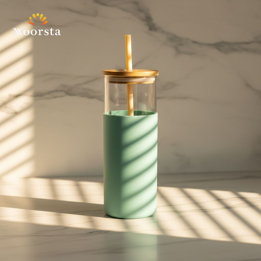 كوباية ايس كوفي بيركس بشاليموه وكفر سيليكون - Premium Pyrex Iced Coffee Tumbler with Bamboo Lid - Noorsta