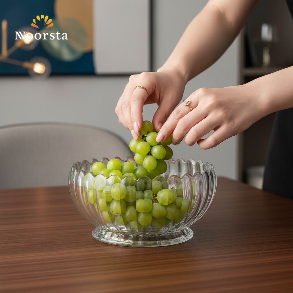 بولة فاكهة كريستال غويطة لتقديم الضيوف - Elegant Clear Ribbed Crystal Fruit Bowl - Noorsta