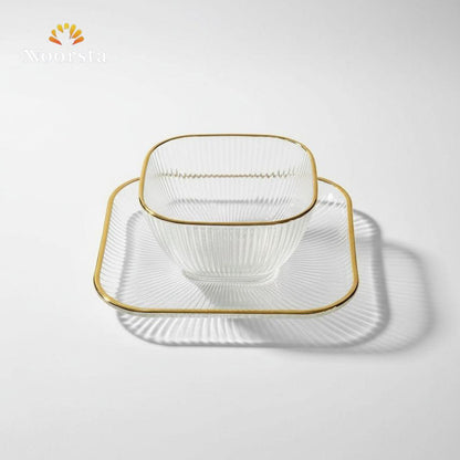 Aurelia Gold-Rimmed Fluted Glass Dessert Set - Square Edition