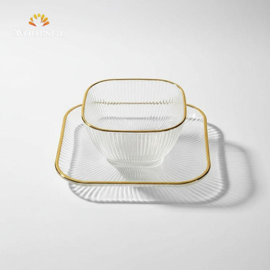 Aurelia Gold-Rimmed Fluted Glass Dessert Set - Square Edition