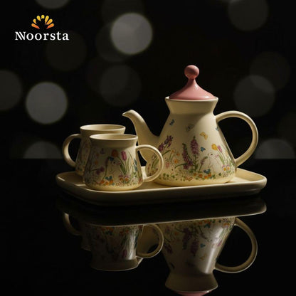 طقم شاي سيراميك حديقة الأرانب والزهور - كريمي مطفي