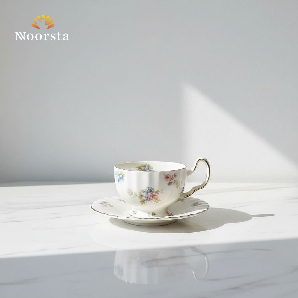 طقم فناجين شاي وقهوة بنقشة ورد رقيقة - Classic Floral Porcelain Tea Set with Gold Rim - Noorsta