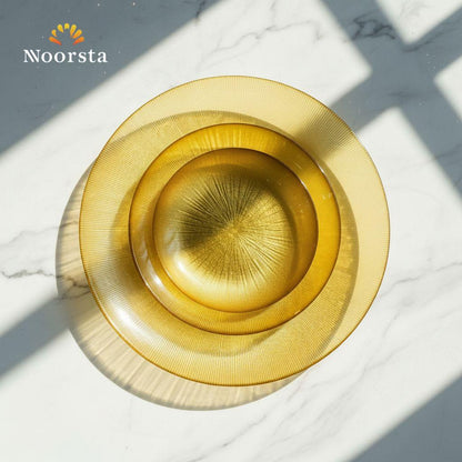 طقم جاتوه دهبي ملكي بخطوط مشعة لتقديم الحلويات - Radiant Gold Glass Dessert Plate Set - Noorsta