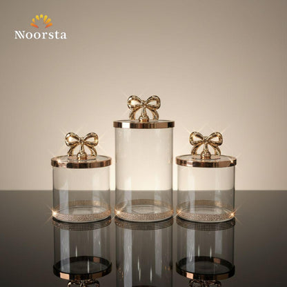 Royal Gold Bow 3-Piece Crystal-Base Storage Jar Set