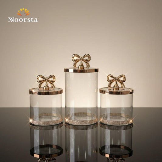 Royal Gold Bow 3-Piece Crystal-Base Storage Jar Set