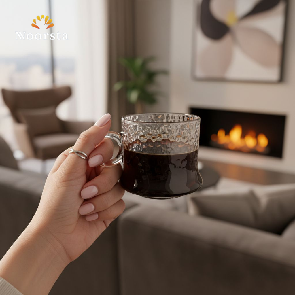 طقم استكانة قهوة زجاج 6 قطع شيك جدا - Elegant Textured Glass Coffee Cup Set - Noorsta