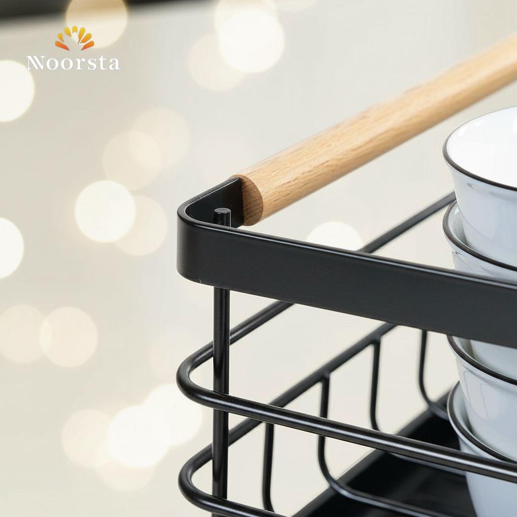 Nordic Noir: Matte Black & Wood Dish Drying Rack