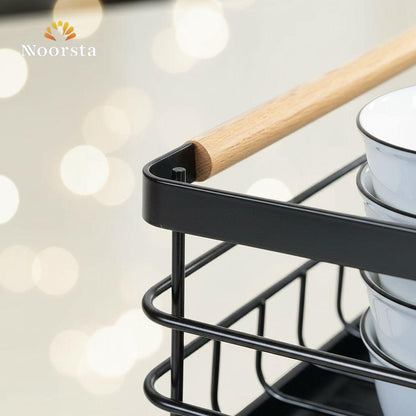 Nordic Noir: Matte Black & Wood Dish Drying Rack