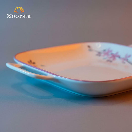 طبق تقديم بورسلين مربع شيك للفرن والميكروويف - Elegant Porcelain Square Baking Dish with Handles - Noorsta