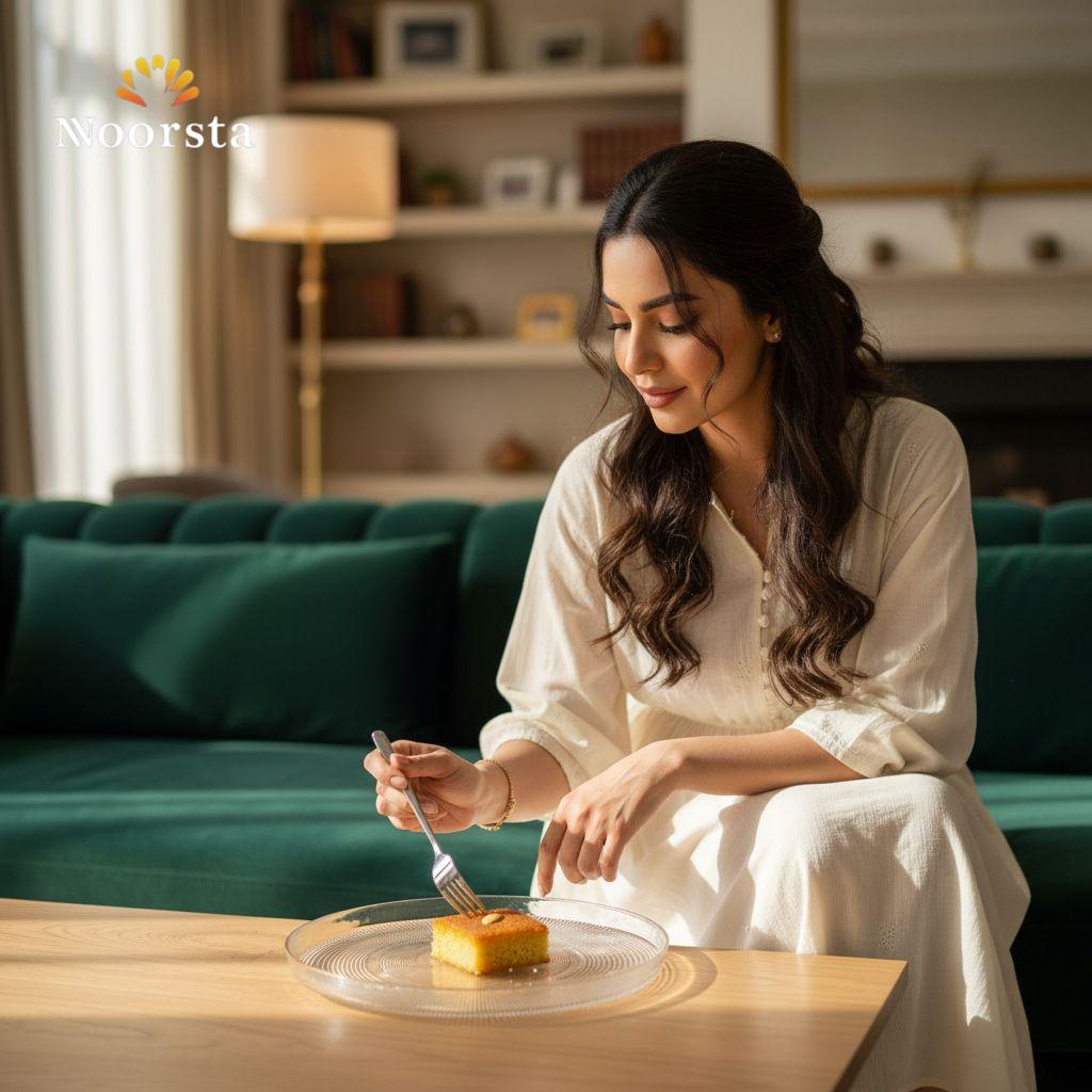 طقم جاتوه زجاجي منقرش بحواف دهبي لتقديم الحلويات - Elegant Textured Glass Cake Set with Gold Rim - Noorsta