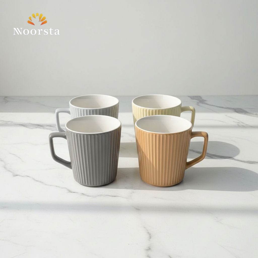 طقم مجات بورسلين مضلع 4 قطع - Modern Ribbed Porcelain Mug Set 4 Pieces - Noorsta