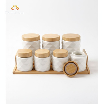 طقم توابل بورسلين شيك للمطبخ - Modern Geometric Porcelain Canister Set with Wooden Stand - Noorsta