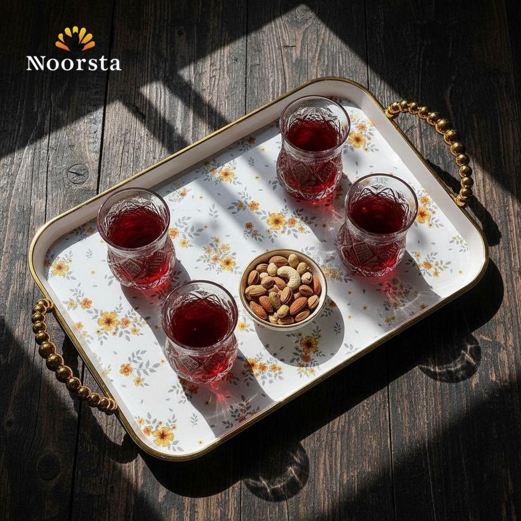 Golden Meadow Floral Serving Tray Set with Beaded Gold Handles - 3 Pieces