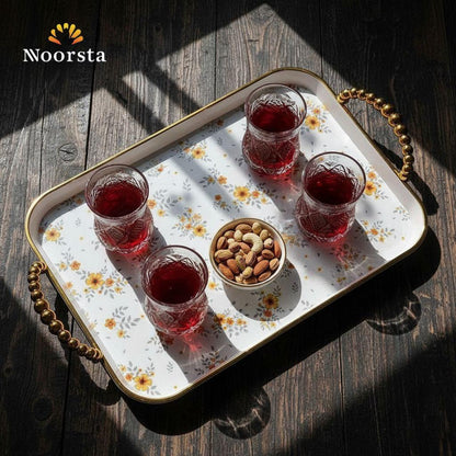 Golden Meadow Floral Serving Tray Set with Beaded Gold Handles - 3 Pieces
