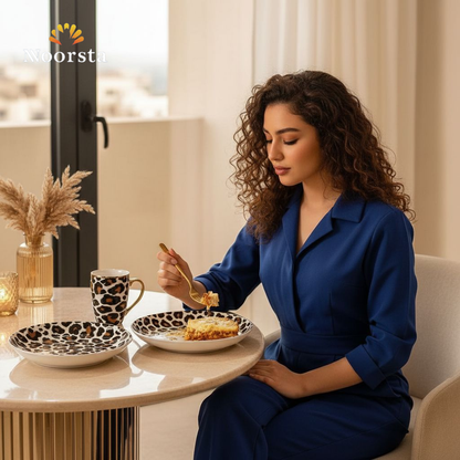 طقم فطار وعشاء تايجر 6 قطع بلمسة ذهبية - Chic Leopard Print 6-Piece Breakfast Set with Gold Accents - Noorsta