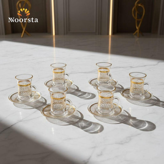 طقم فناجين قهوة استكانة 12 قطعة شيك للضيوف - Authentic Gold-Patterned Glass Estikana Coffee Set 12 Pieces - Noorsta