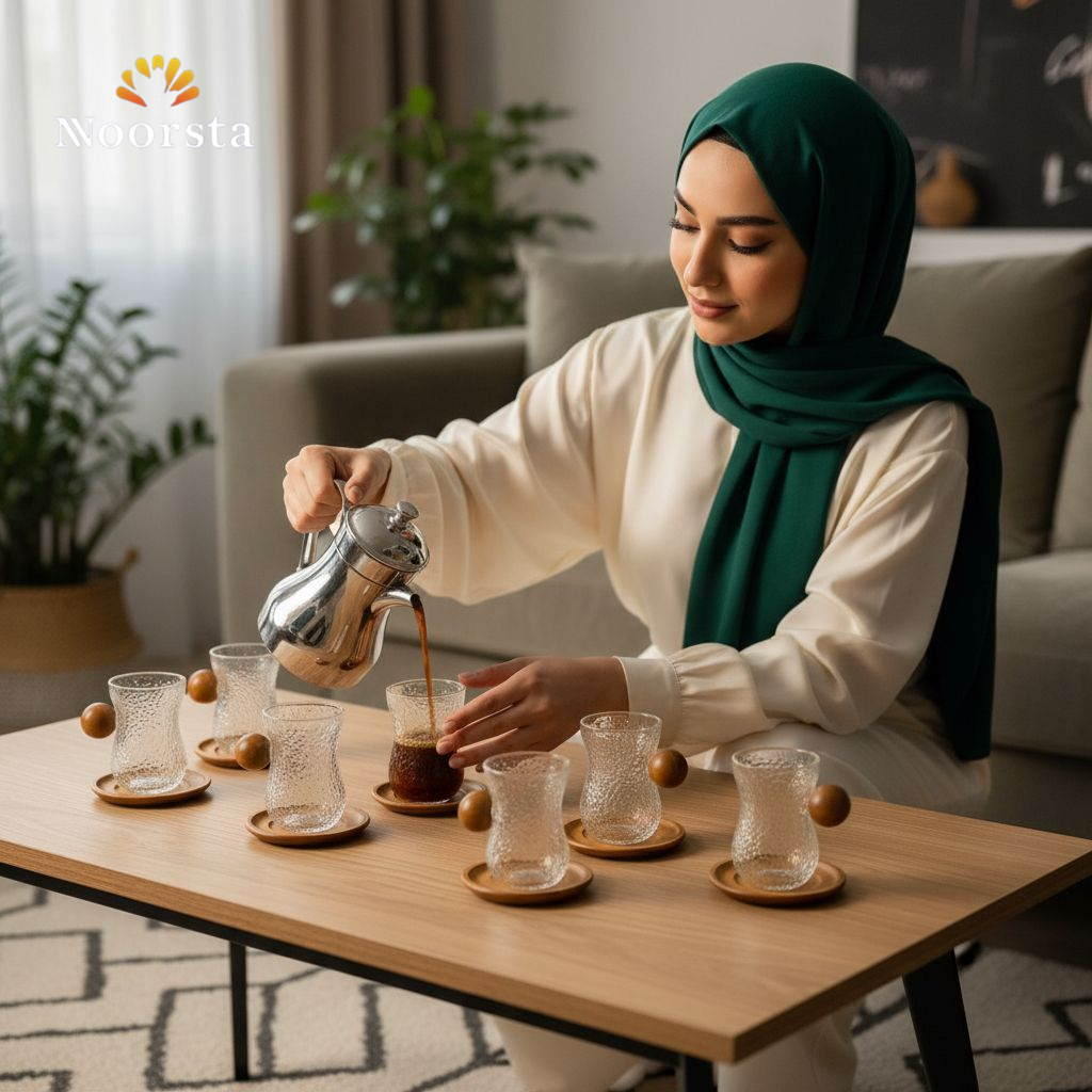 طقم فناجين قهوة بيركس حراري بيد خشب بامبو 12 قطعة للتقديم - Elegant 12-Piece Hammered Pyrex Coffee Cup Set with Bamboo Wood Handles - Noorsta
