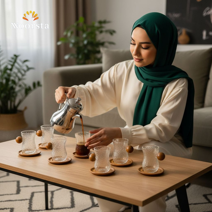 طقم فناجين قهوة بيركس حراري بيد خشب بامبو 12 قطعة للتقديم - Elegant 12-Piece Hammered Pyrex Coffee Cup Set with Bamboo Wood Handles - Noorsta