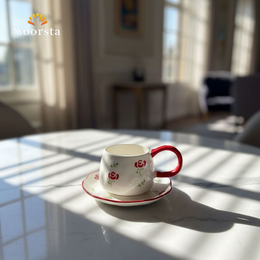 مج شيك بالطبق بنقشة الورد - Chic Rose Motif Ceramic Mug with Saucer - Noorsta