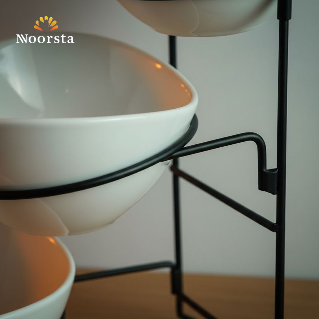 ستاند تقديم سيراميك 3 أدوار للمقبلات - Modern 3-Tier Ceramic Serving Stand with Black Rack - Noorsta