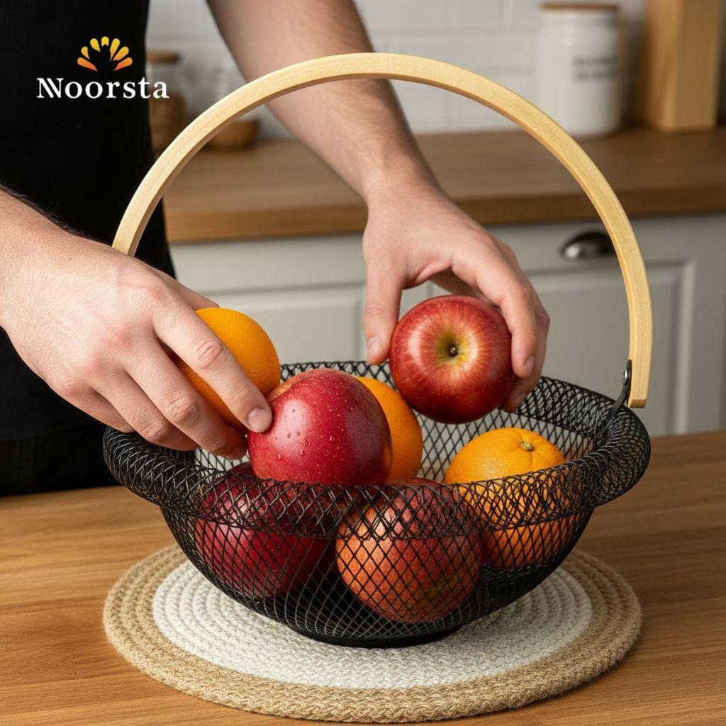 Noorsta Modern Black Wire Mesh Basket with Wooden Handle
