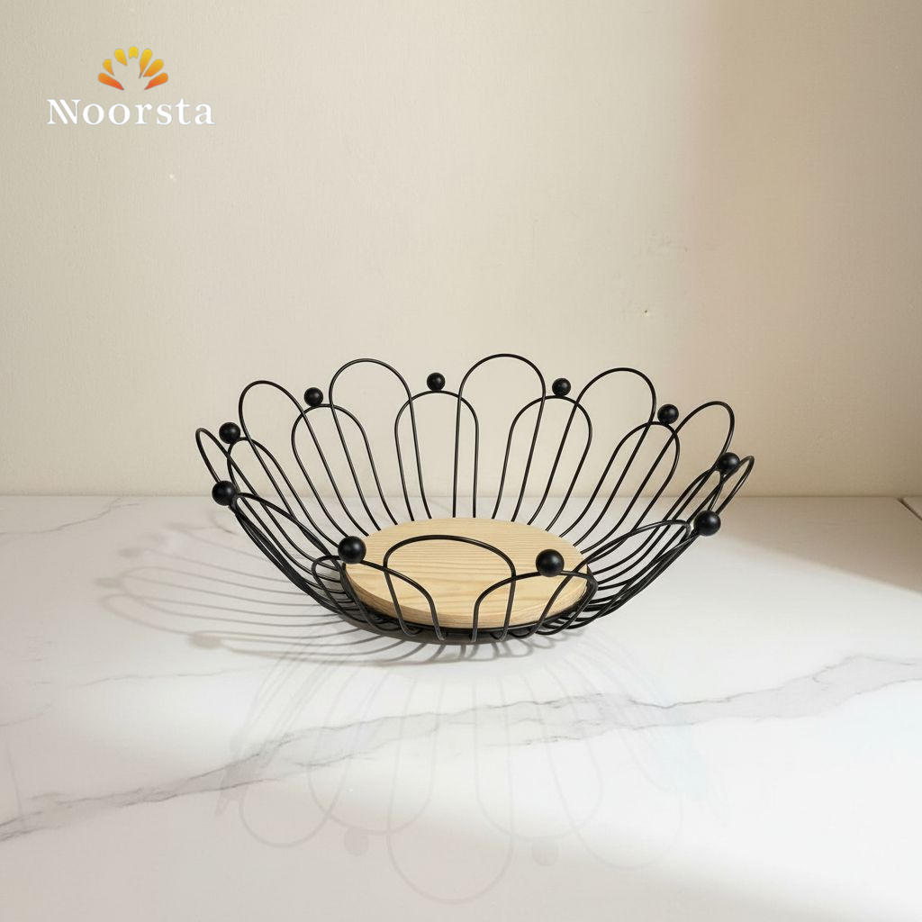 طبق فاكهة ديكور مودرن بقاعدة خشبية - Modern Wireframe Fruit Bowl with Wooden Base - Noorsta