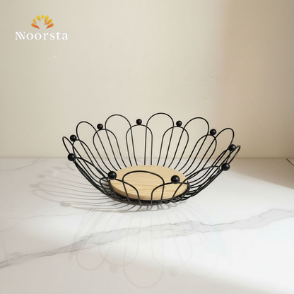 طبق فاكهة ديكور مودرن بقاعدة خشبية - Modern Wireframe Fruit Bowl with Wooden Base - Noorsta