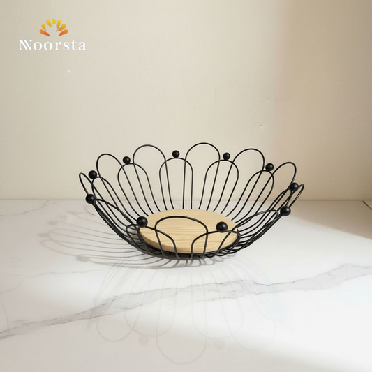 طبق فاكهة ديكور مودرن بقاعدة خشبية - Modern Wireframe Fruit Bowl with Wooden Base - Noorsta