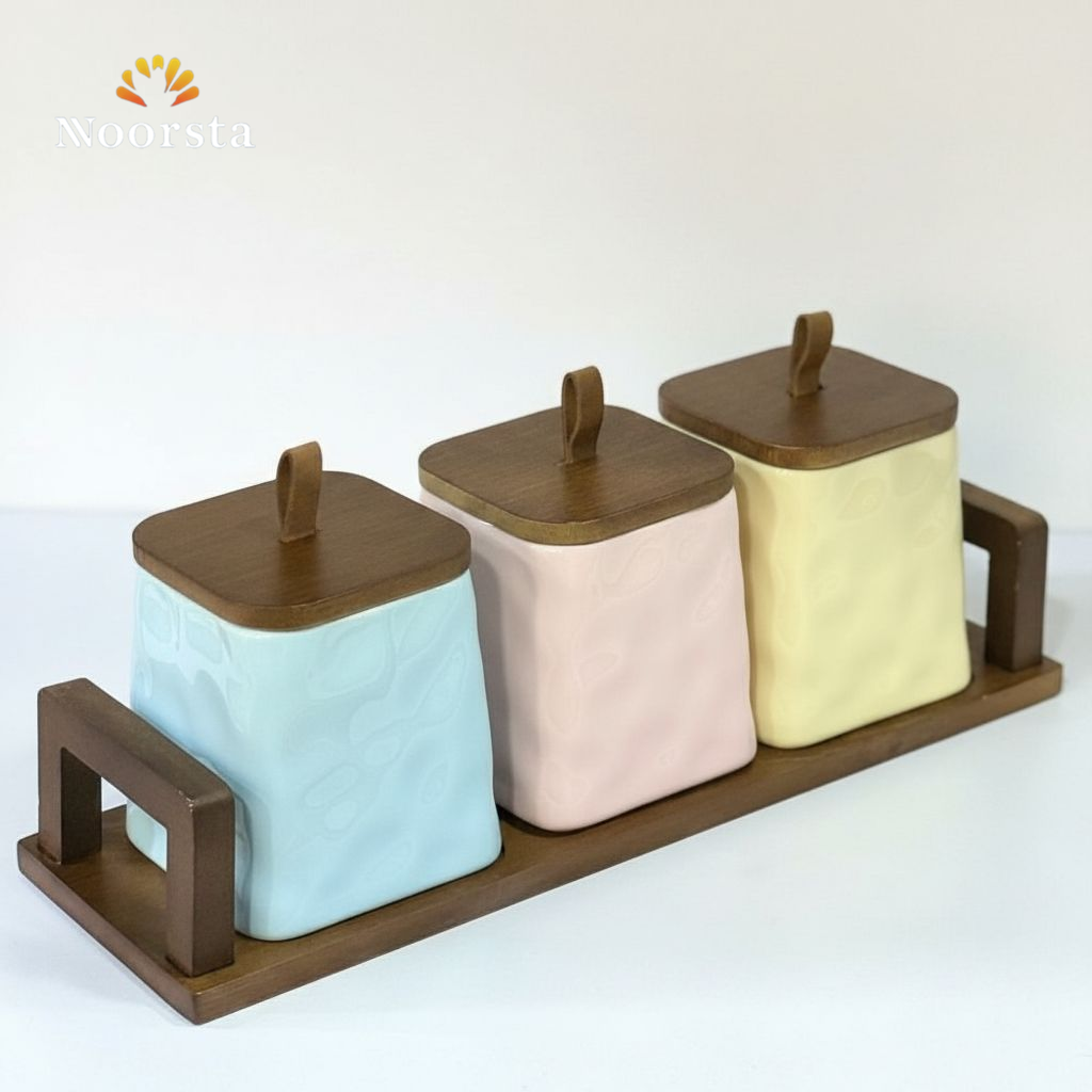 طقم توابل بورسلين الوان شيك للمطبخ - Chic Pastel Porcelain Spice Jars with Wooden Base - Noorsta