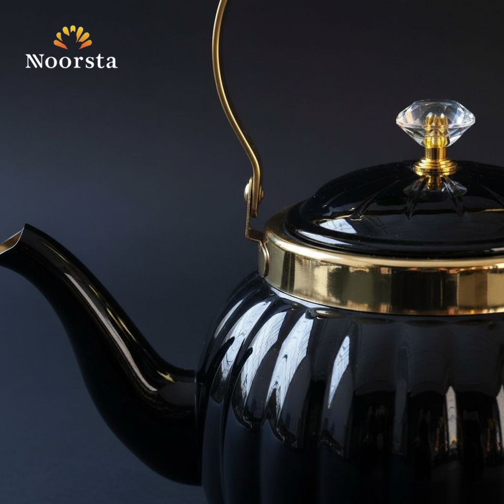 براد شاي استانلس أسود شيك للعزومات - Premium Black Ribbed Stainless Steel Teapot 2L - Noorsta