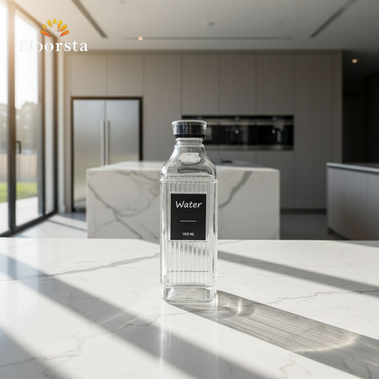 ازازة مية قزاز مربعة 1 لتر بالوان شيك - Modern Ribbed Glass Square Water Bottle 1L - Noorsta