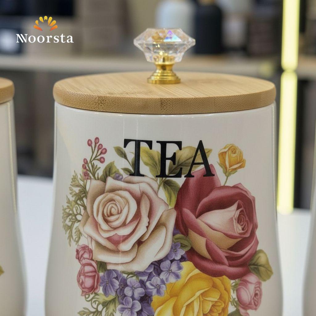 طقم علب سكر وشاي بورسلين شيك - Elegant Floral Porcelain Canister Set - Noorsta