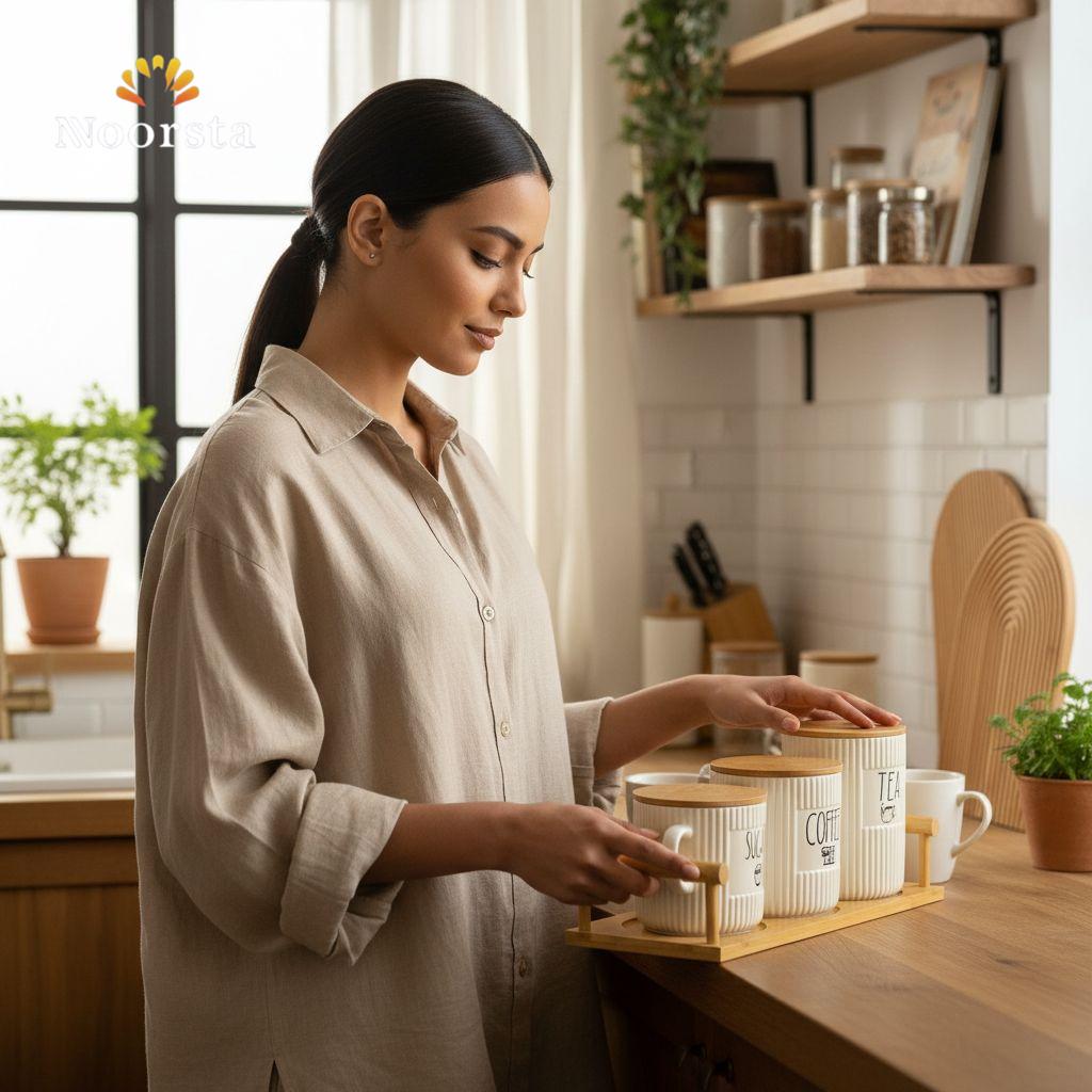 Nordic Ribbed Ceramic & Bamboo Canister Set with Tray