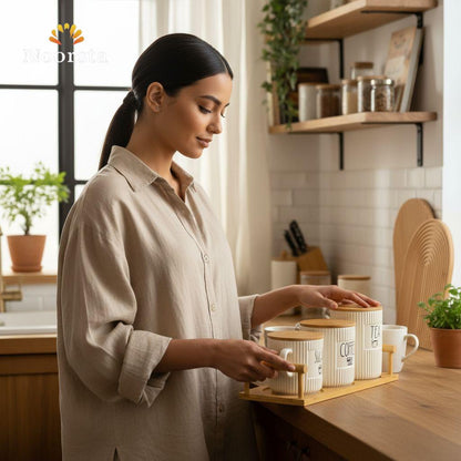 Nordic Ribbed Ceramic & Bamboo Canister Set with Tray