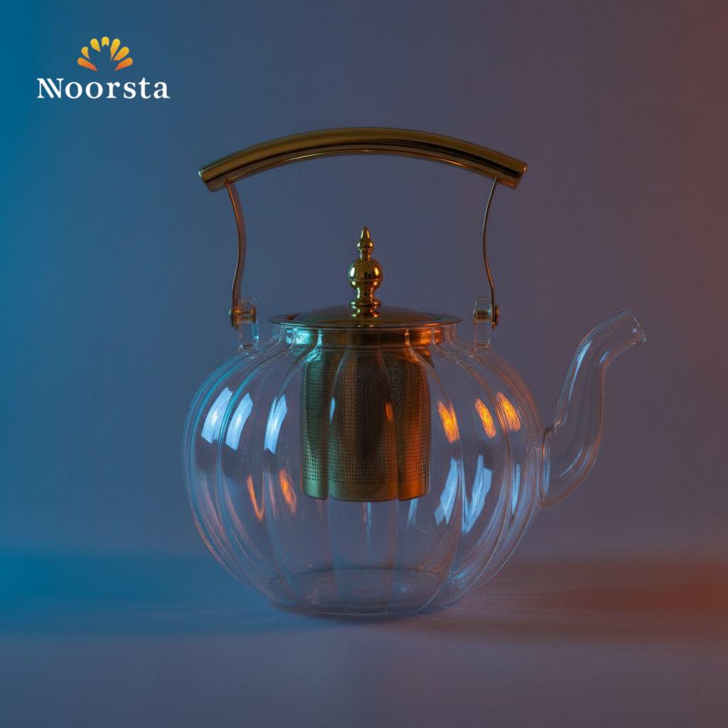 براد شاي بايركس حراري مضلع بلمسة ذهبية سعة 1200 مل - Elegant Ribbed Pyrex Glass Teapot with Infuser - Noorsta