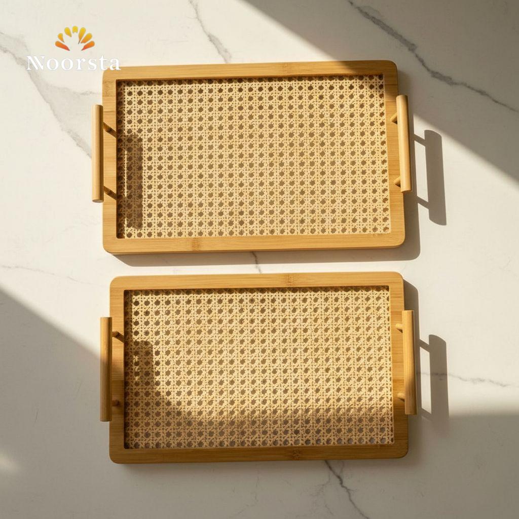 طقم صواني خشب بامبو لتقديمات الضيوف - Authentic Bamboo Woven Serving Tray Set - Noorsta
