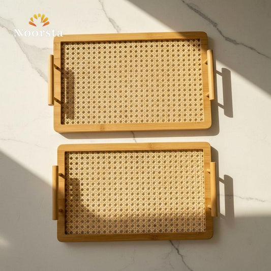 طقم صواني خشب بامبو لتقديمات الضيوف - Authentic Bamboo Woven Serving Tray Set - Noorsta