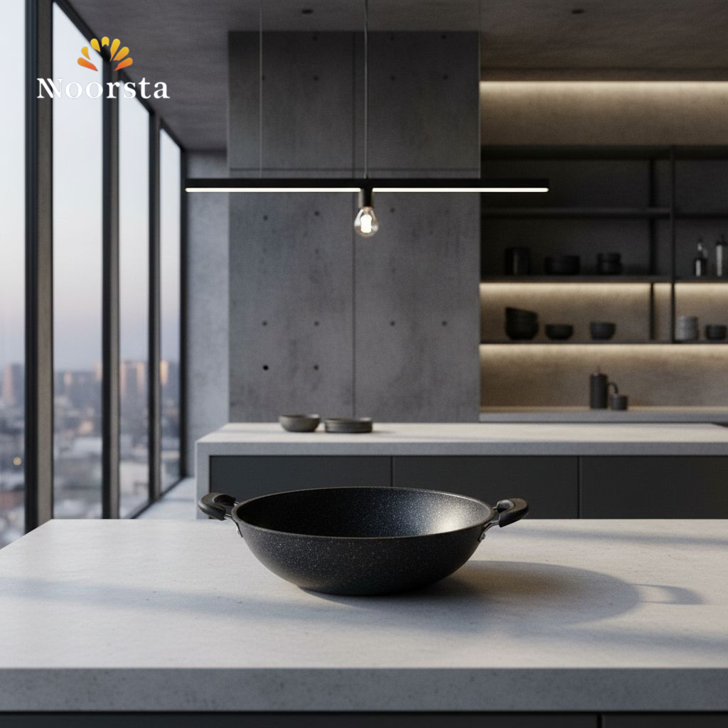 ووك جرانيت أسود غويط بـ 2 يد - Premium Deep Black Granite Wok with Dual Handles - Noorsta