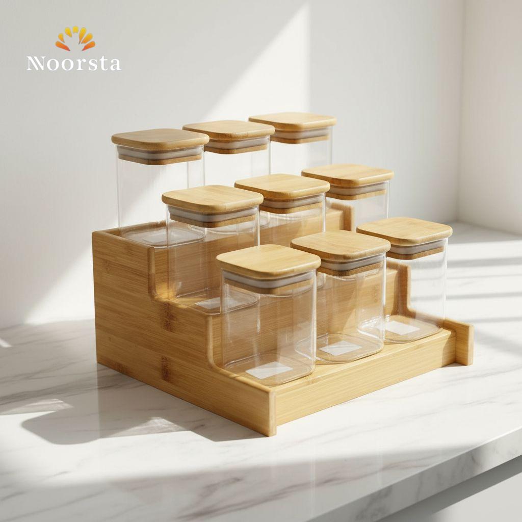 طقم توابل 9 برطمان زجاج بستاند بامبو شيك - Modern Bamboo 9-Jar Tiered Spice Rack Set - Noorsta