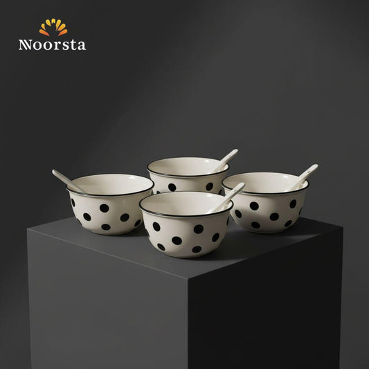 Noir & Blanc Polka Dot Ceramic Dessert Set with Spoons