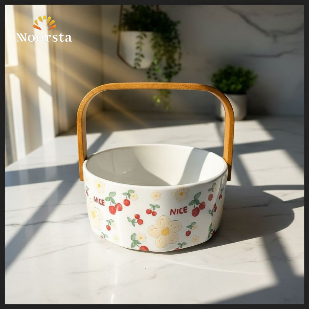 بوله تقديم بورسلين شيك بيد خشب - Chic Floral Porcelain Serving Bowl - Noorsta