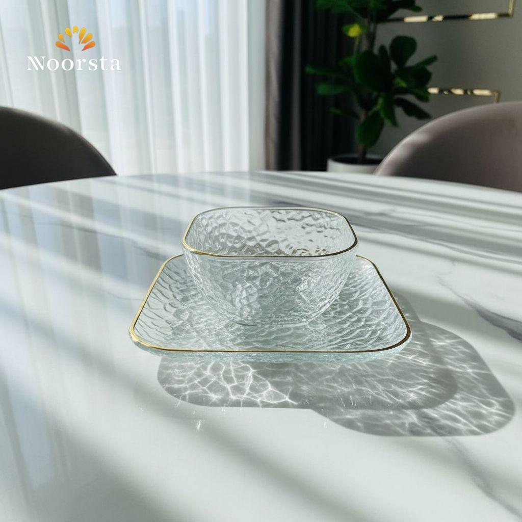 طقم خشاف زجاجي منقرش بحواف ذهبية لتقديم الحلويات والمكسرات - Elegant Textured Glass Dessert Set with Gold Rim - Noorsta